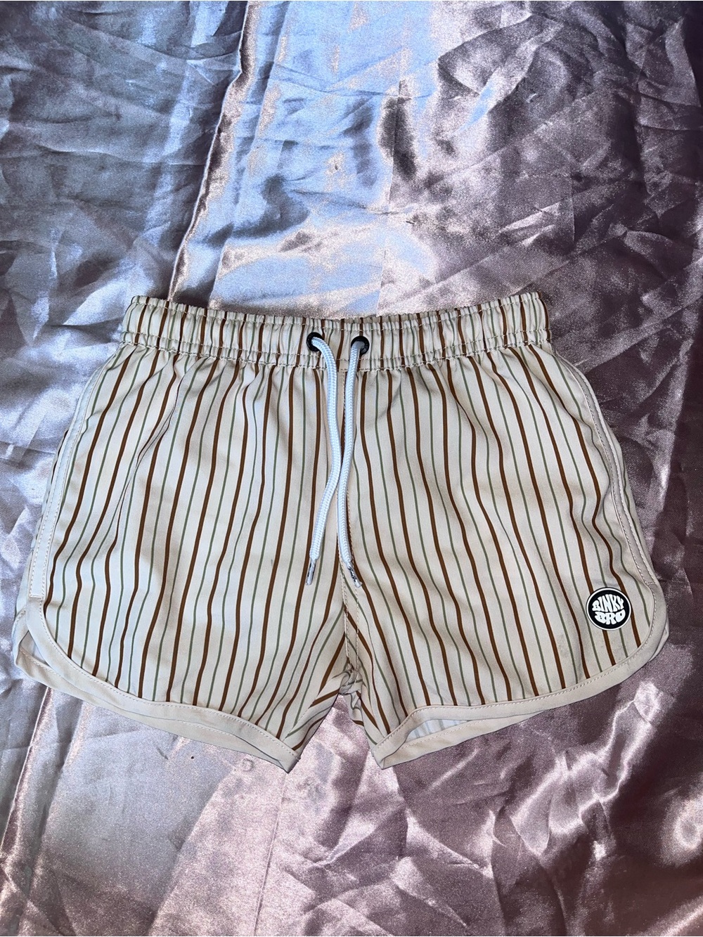 Binky Bro Beige Striped Swim Trunks with Adjustable Drawstring